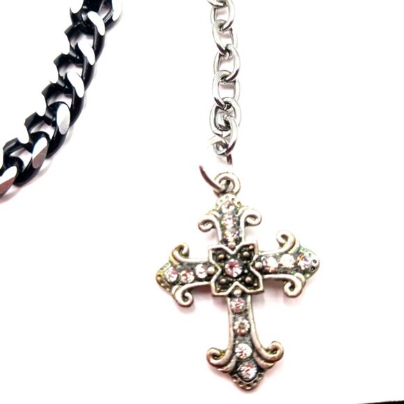 Mens Wallet Or Pants Single Layer Black+Silver Tone Chain + Goth Cross -17" - Picture 4 of 9